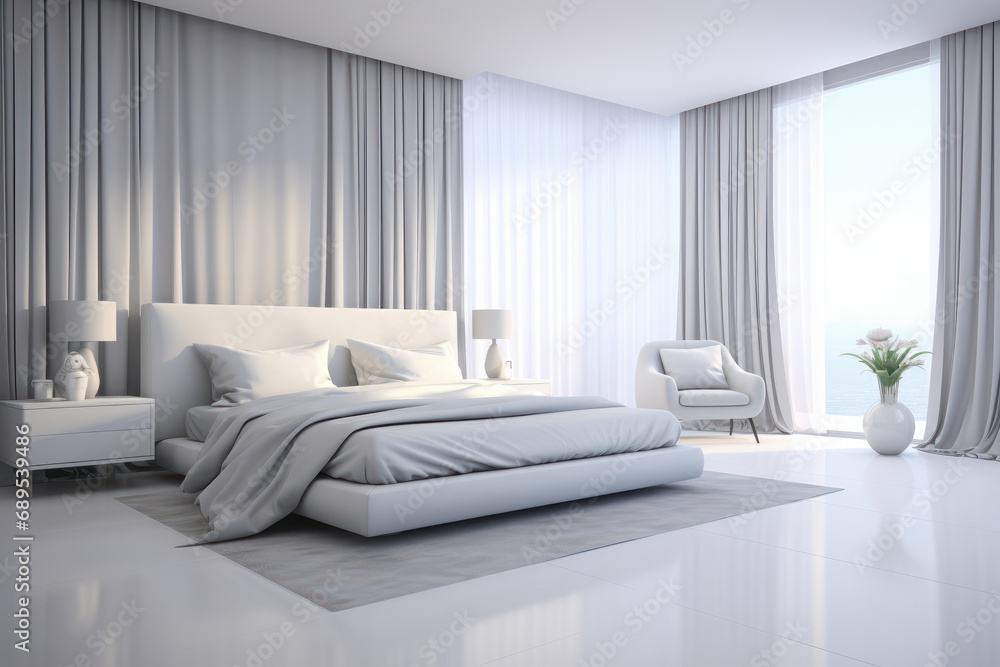 Drawing of a very bright minimalist bedroom. Generative AI. Drawing of a very bright minimalist bedroom. Generative AI.