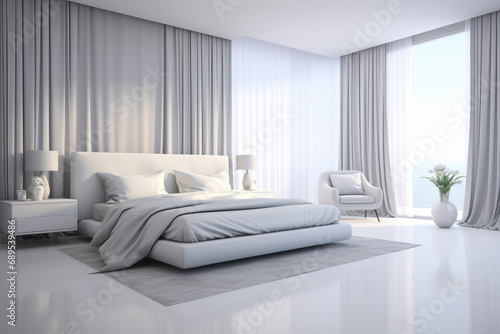 Drawing of a very bright minimalist bedroom. Generative AI. © Agustin