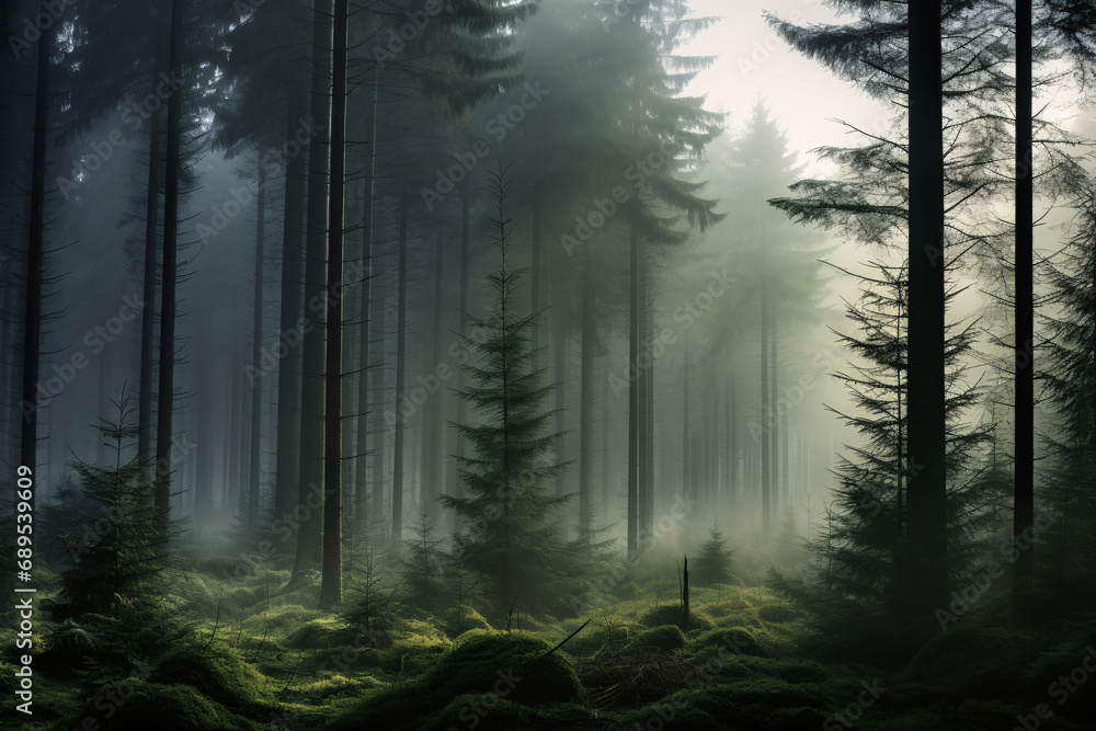 Fototapeta premium Misty Fir Pine Forest in Soft Light