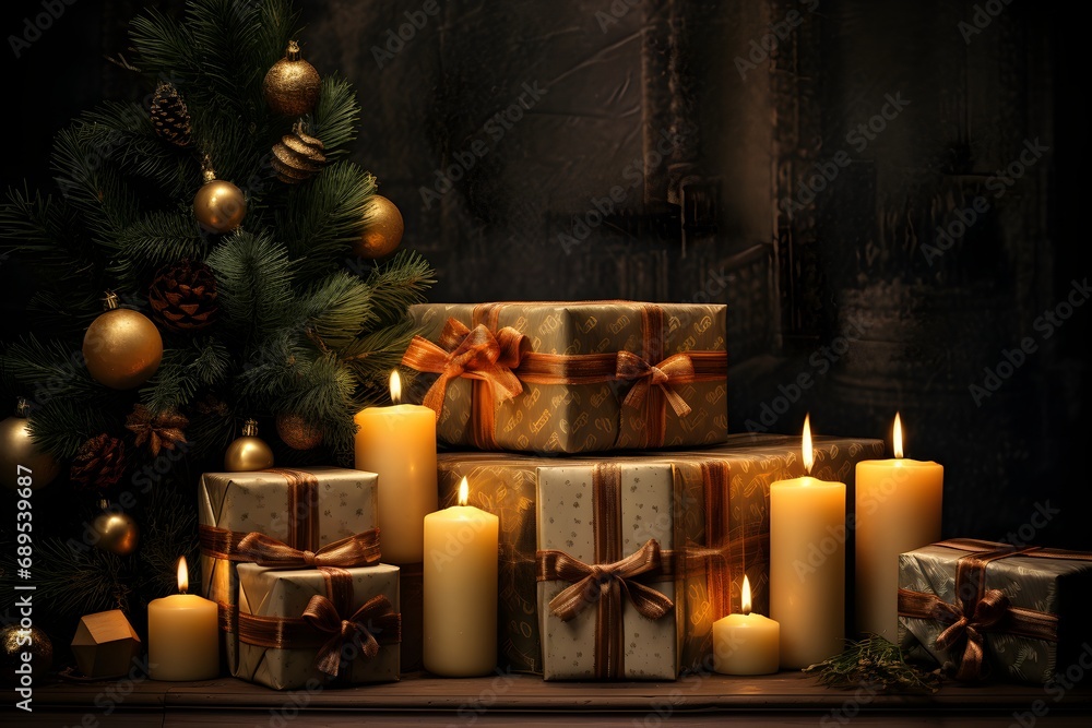Christmas gift boxes with candles and christmas tree on dark background.
