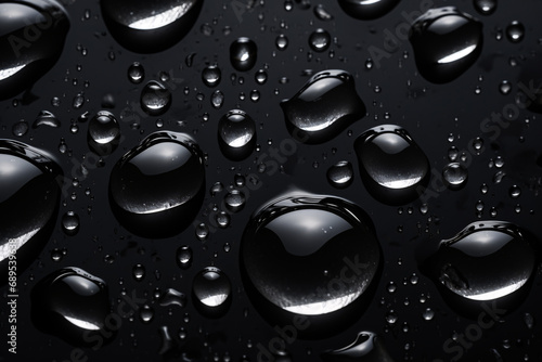Shiny Water Drops on Black Surface