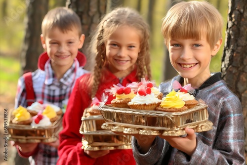 Children Delightedly Embracing Easter Joy  Holding Lovely Cakes and Colorfully Decorated Eggs