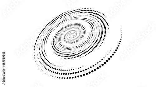 Spiral dotted line element. Radial spinning halftone texture. Circle swirl dots shape in perspective. Abstract background for poster, banner, logo, icon, collage, presentation, tag, emblem. Vector