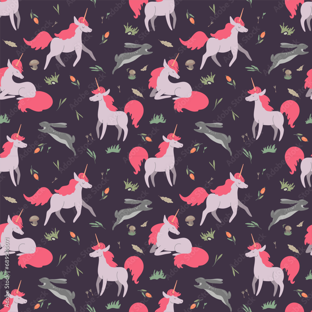 Seamless pattern cute pink unicorns and hares Seamless pattern cute pink unicorns and hares