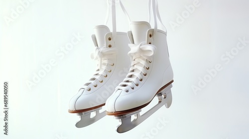 a pair of white ice skates from a string