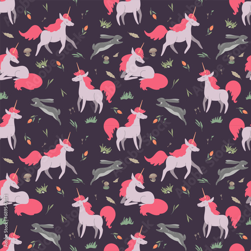 Seamless pattern cute pink unicorns and hares