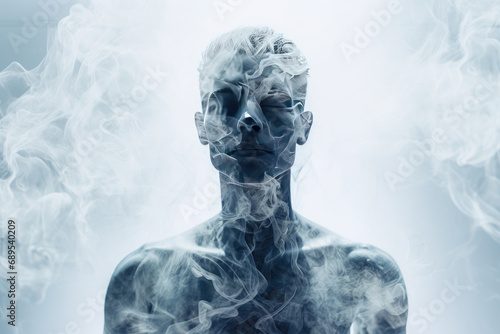 Silhouette of a man surrounded by cigarette smoke. Passive smoking concept. Stop addiction awareness background