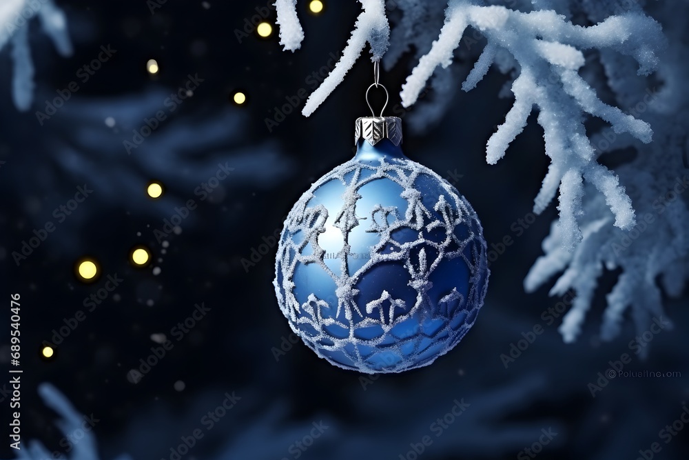 Blue christmas ball hanging on tree branch covered with snow at night background. Blue christmas ball hanging on tree branch covered with snow at night background.
