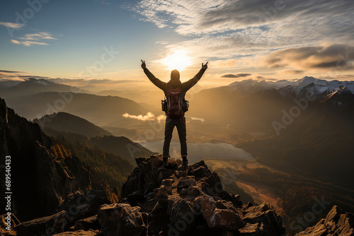 Summit Success: Standing on a Mountain Peak, Arms Raised in Achievement and Tranquility