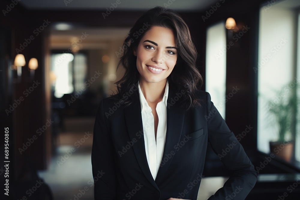horizontal portrait of a young smart dressed woman smiling at the office AI generated horizontal portrait of a young smart dressed woman smiling at the office AI generated