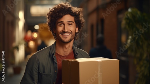 Happy young man carrying large package walk into new house with happy, new house moving concept, generative ai © OP38Studio