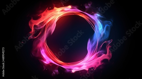 Abstract neon energy sphere of particles and waves of magical glowing on a dark background, circle and loop frames with magic purple and pink flame and sparks isolated on transparent, generative ai photo