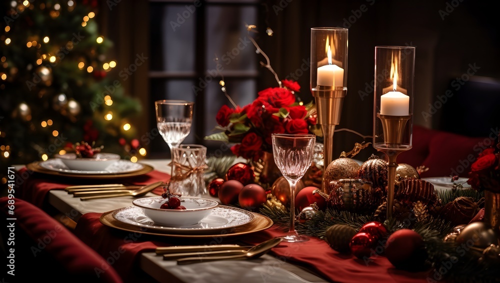 Festive table setting for Valentine's Day with red roses, cookies, candies and candles. Festive table setting for Valentine's Day with red roses, cookies, candies and candles.