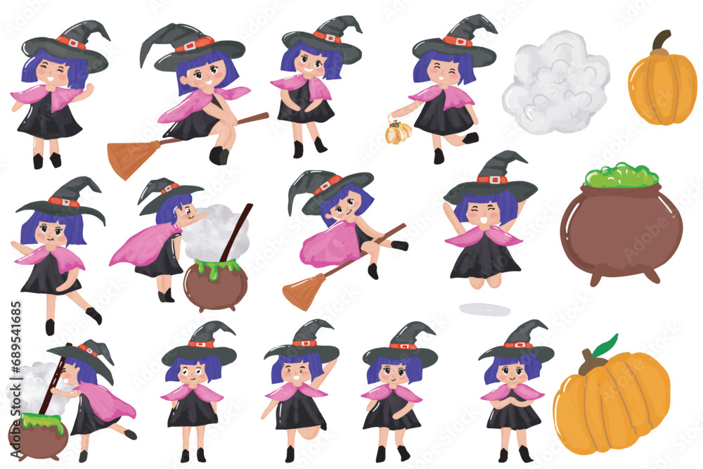 Naklejka premium set of watercolor witch on halloween celebration party. happy pumpkin