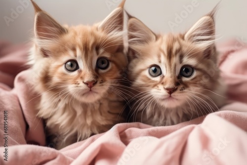 Two furry kittens lying on pink silk cloth background.