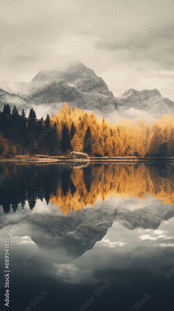 Photograph of slovenia's mountain ranges reflected in the lake, in the style of graflex speed graphic, gray and amber, realistic lighting Photograph of slovenia's mountain ranges reflected in the lake, in the style of graflex speed graphic, gray and amber, realistic lighting