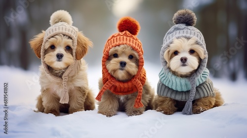 Three little puppies cute wearing a knitted hat and sweaters lying on the snow winter, generative ai