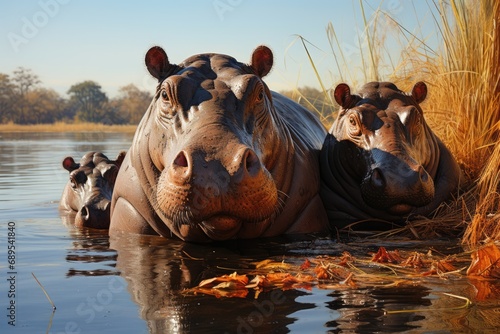 Shot of group of hippos in the water © kardaska