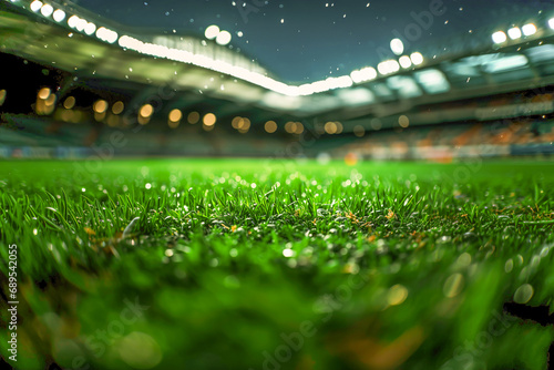 An empty soccer stadium with fresh green grass and blue sky. Football terrain.
