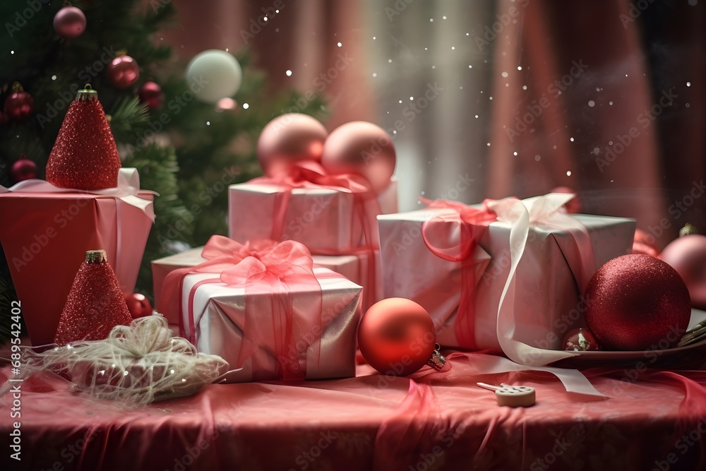 Christmas gift boxes and candles on dark background with bokeh lights.
Christmas gift boxes and candles on dark background with bokeh lights.