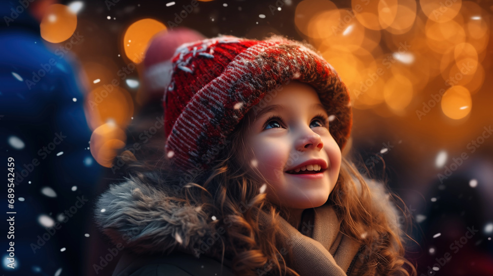 Child girl watch their New Year fireworks display amazement and delight