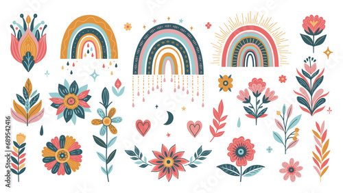 Set of rainbows and flora in boho style. Vector graphics.