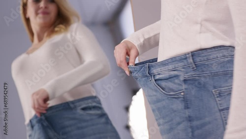 Close-up of slimming woman in too big jeans showing weight loss diet achievement, while looking at her reflection in mirror at home. Midsection photo