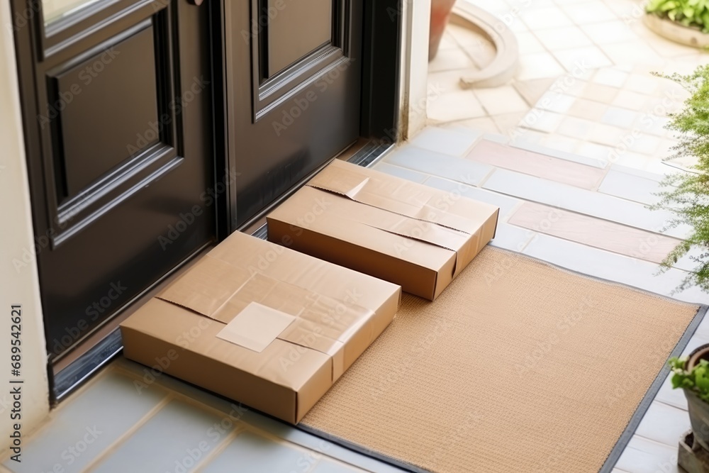 Delivered parcels near entrance. Cardboard parcel box near door on floor. Parcel in cardboard box on doorstep. Delivery service Delivered parcels near entrance. Cardboard parcel box near door on floor. Parcel in cardboard box on doorstep. Delivery service