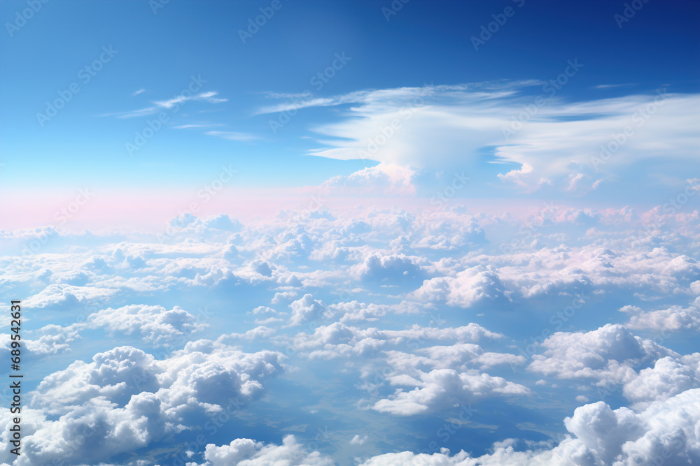 A view of the clouds from an airplane window. Blue cloudy sky, above the clouds.