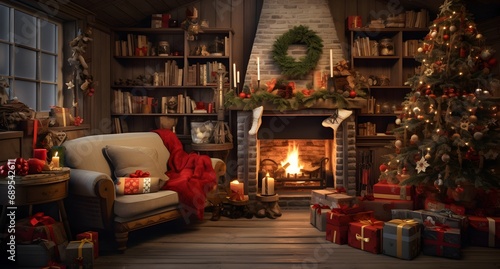 Fairy tale living room with fireplace and christmas tree. Beautiful Christmas interior with fireplace, gifts and Christmas tree. Background.