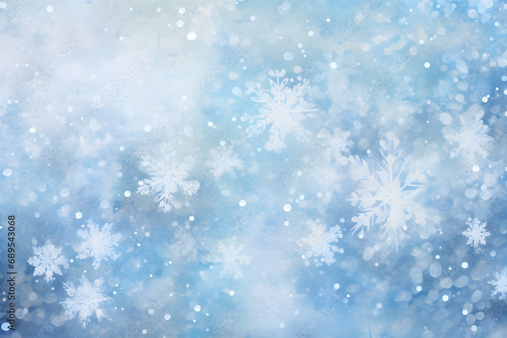 Christmas background with bokeh lights and snowflakes on blue. Winter background with snowflakes. Christmas and New Year concept.