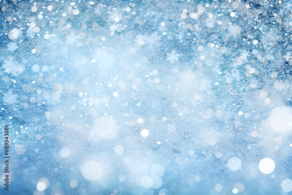 Christmas background with bokeh lights and snowflakes on blue. Winter background with snowflakes. Christmas and New Year concept.