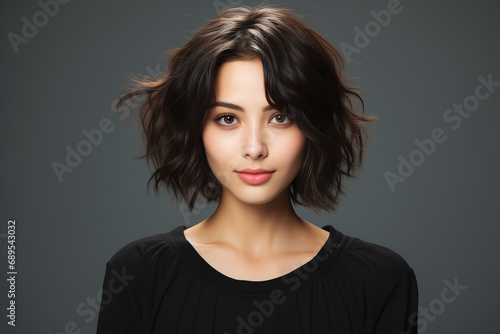 Happy asian woman with flying short black hair, at the studio grey background