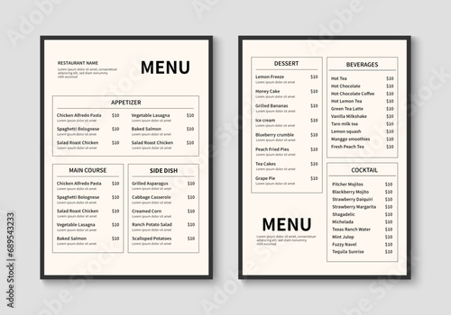 Modern restaurant menu template. Food and drink menu layout design. Vector illustration photo