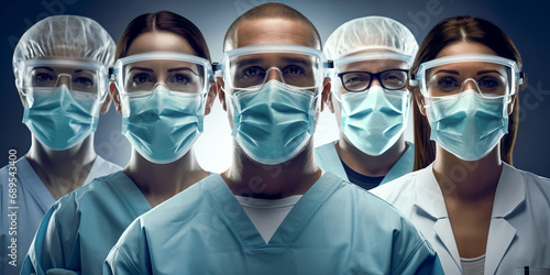 Group of multiethnic doctors with face masks looking at camera  corona virus concept