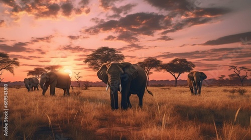 elephants at sunset in continent