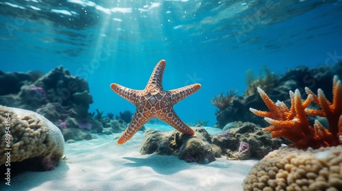A starfish lays on the ocean floor near a coral reef in the Caribbean sea off the shore
