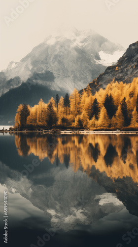 Photograph of slovenia's mountain ranges reflected in the lake, in the style of graflex speed graphic, gray and amber, realistic lighting © Natali