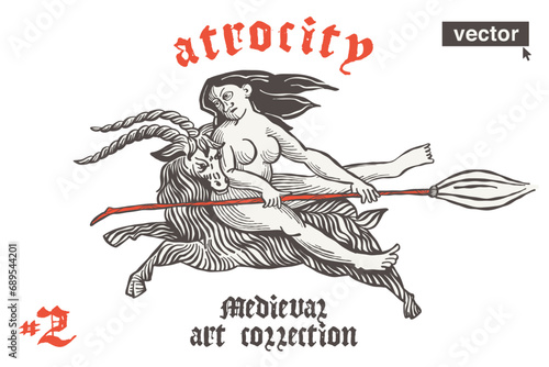 Witch with broom flying on devil in form of goat. Vector engraving style illustration. Medieval art with gothic lettering. Perfect for sorcerer logo, pagan music, witch-craze posters, historical print
