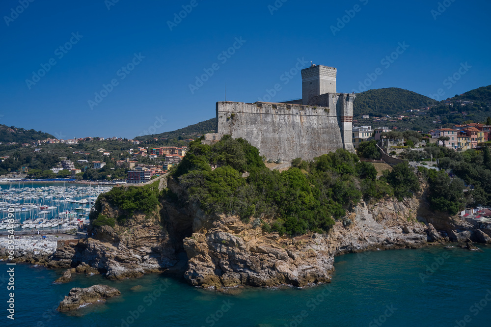 Italian resorts on the Ligurian coast aerial view. Beautiful aerial view of the coastal Italian city of Lerici. Yachts and boats. Aerial view of Lerici Castle.