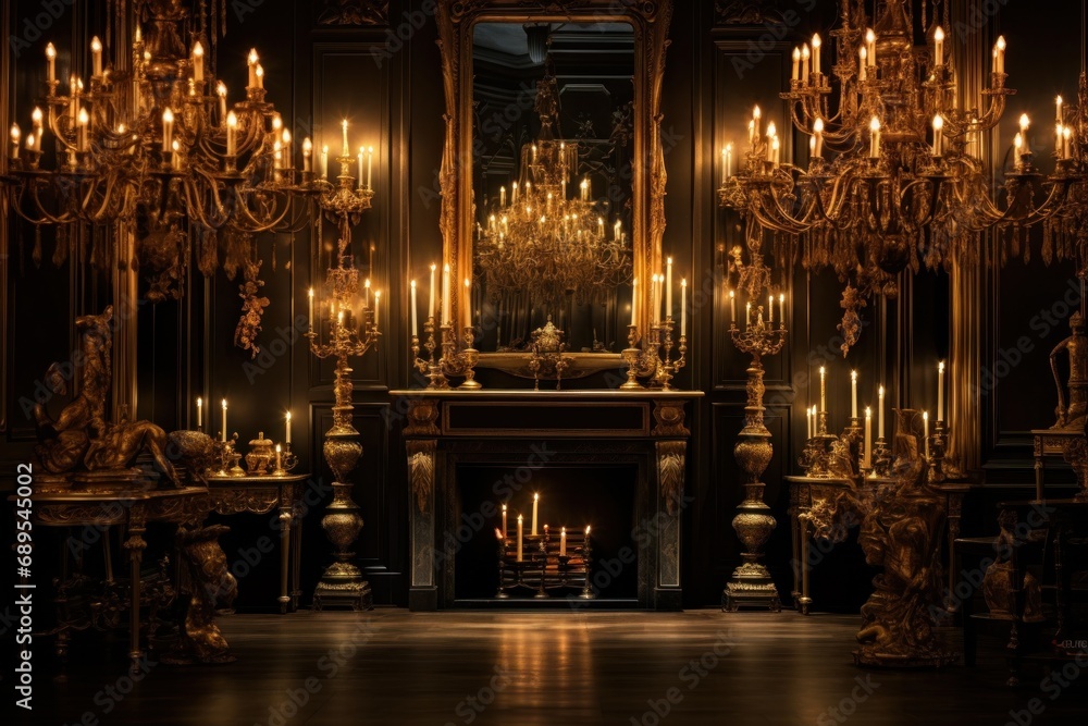 Vintage opulence with candlelit ambiance in grand room with golden baroque mirrors - obrazy, fototapety, plakaty 