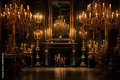 Vintage opulence with candlelit ambiance in grand room with golden baroque mirrors © Postproduction