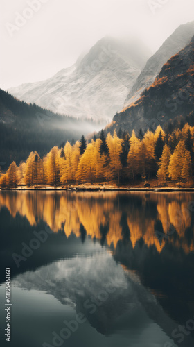 Photograph of slovenia's mountain ranges reflected in the lake, in the style of graflex speed graphic, gray and amber, realistic lighting