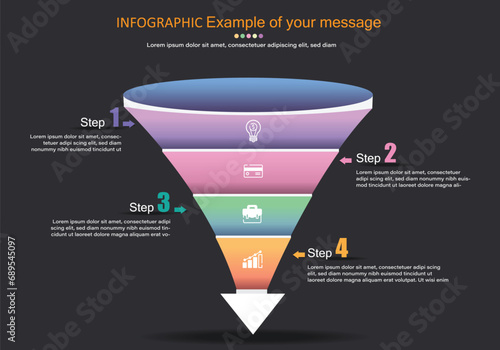 Vector infographic, conical shape with arrows, divided into 5 layers, 5 steps, placed on a gray-black background to present finance, education, banking, management for easy presentations or reports.