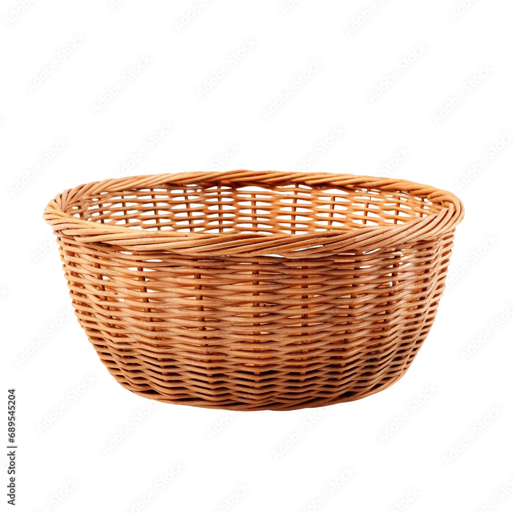 empty wicker basket isolated on transparent background, generative AI. empty wicker basket isolated on transparent background, generative AI.