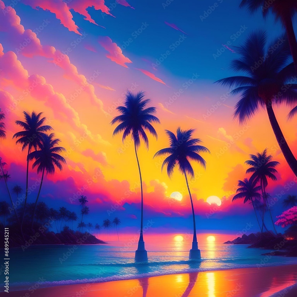 Picturesque Beach Landscape with Palm Trees during Sunset Illustration