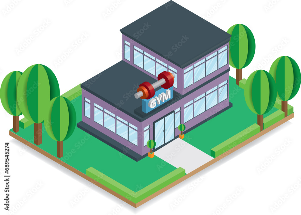 Insometric vector is a building that is a sports club or fitness center on a white background with the word gym and a red dumbbell placed on top to better represent the exercise facility.