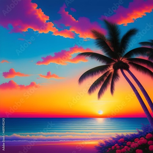 Realistic Beach Landscape with Palm Trees and Flowers during Sunset Illustration