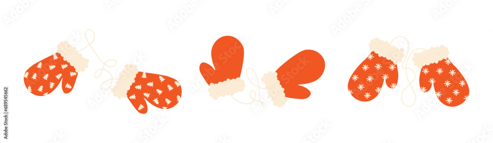 Red Christmas mittens with ornament and rope. Traditional winter clothes, knit mittens for cold season. Isolated. Vector illustration Red Christmas mittens with ornament and rope. Traditional winter clothes, knit mittens for cold season. Isolated. Vector illustration
