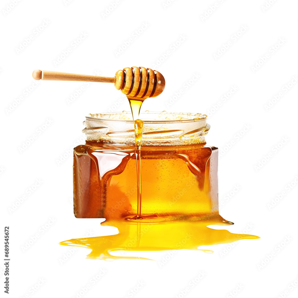 Honey in a pot with mint isolated on transparent background, clipping path, png file Honey in a pot with mint isolated on transparent background, clipping path, png file